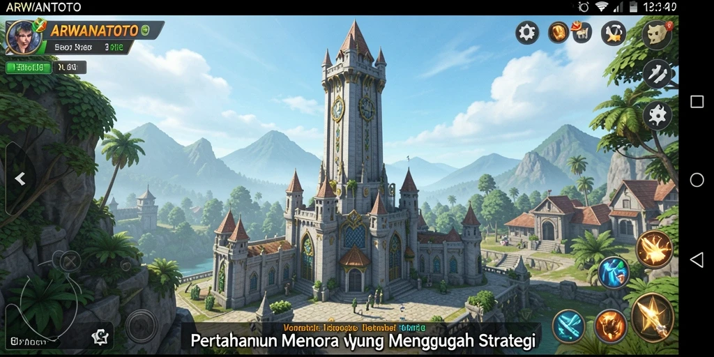 Tangkapan layar gameplay ARWANATOTO menunjukkan aksi menara yang mendebarkan.