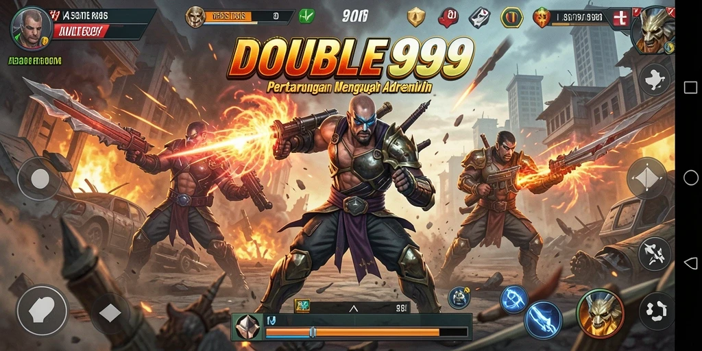 Tangkapan layar gameplay DOUBLE999 dengan pertarungan seru antar karakter.