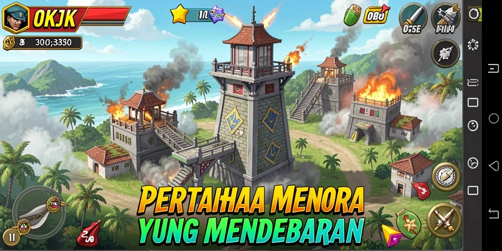 Screenshot gameplay menampilkan menara dan strategi bertahan.