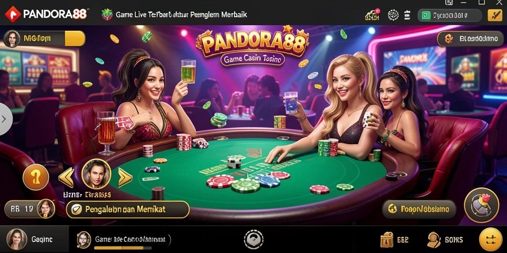 Screenshot gameplay PANDORA88 yang menampilkan dealer live dan suasana kasino.